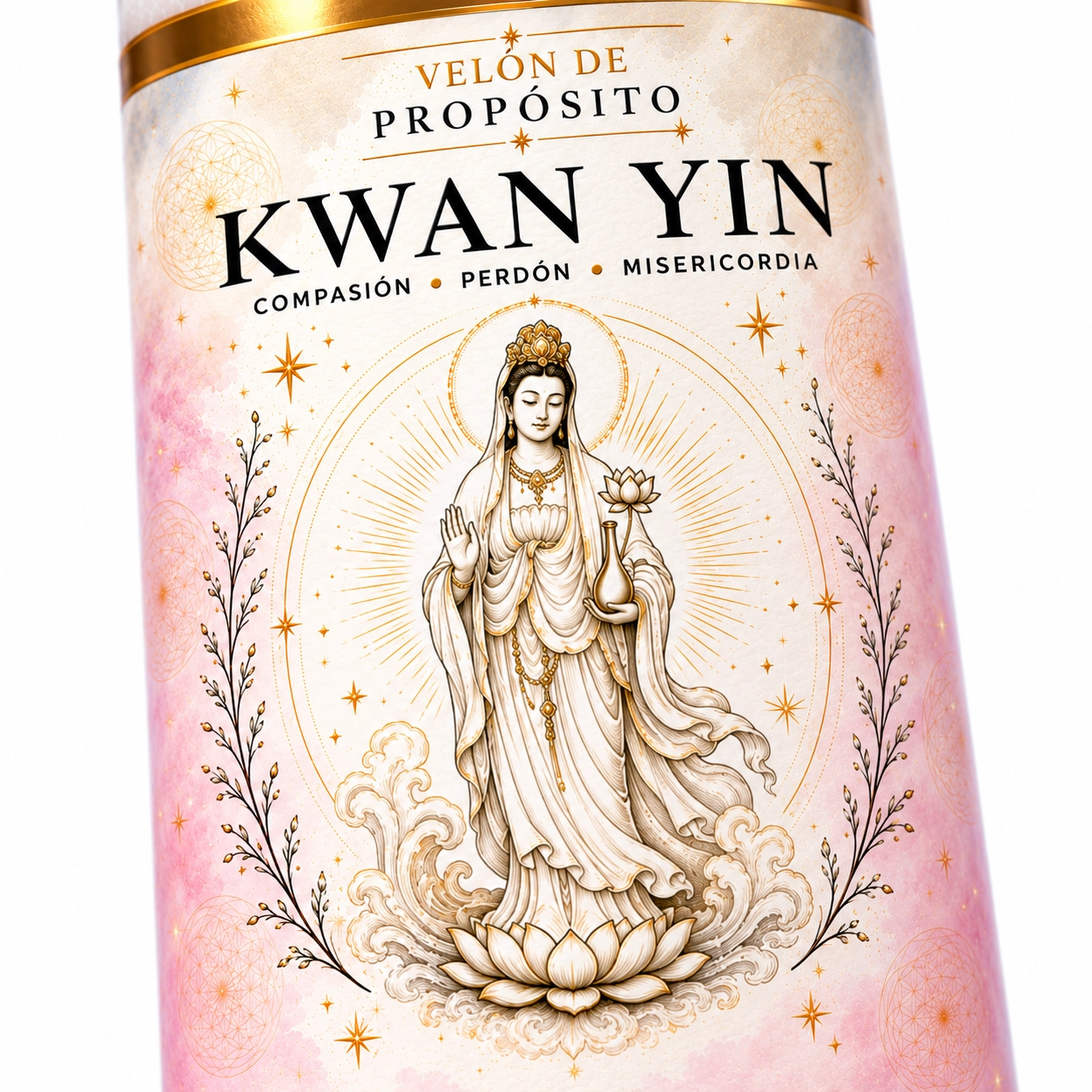 Velón Kwan Yin de Zi-Enki Velón Kwan Yin de Zi-Enki con su etiqueta original de Kwan Yin sobre una flor de loto