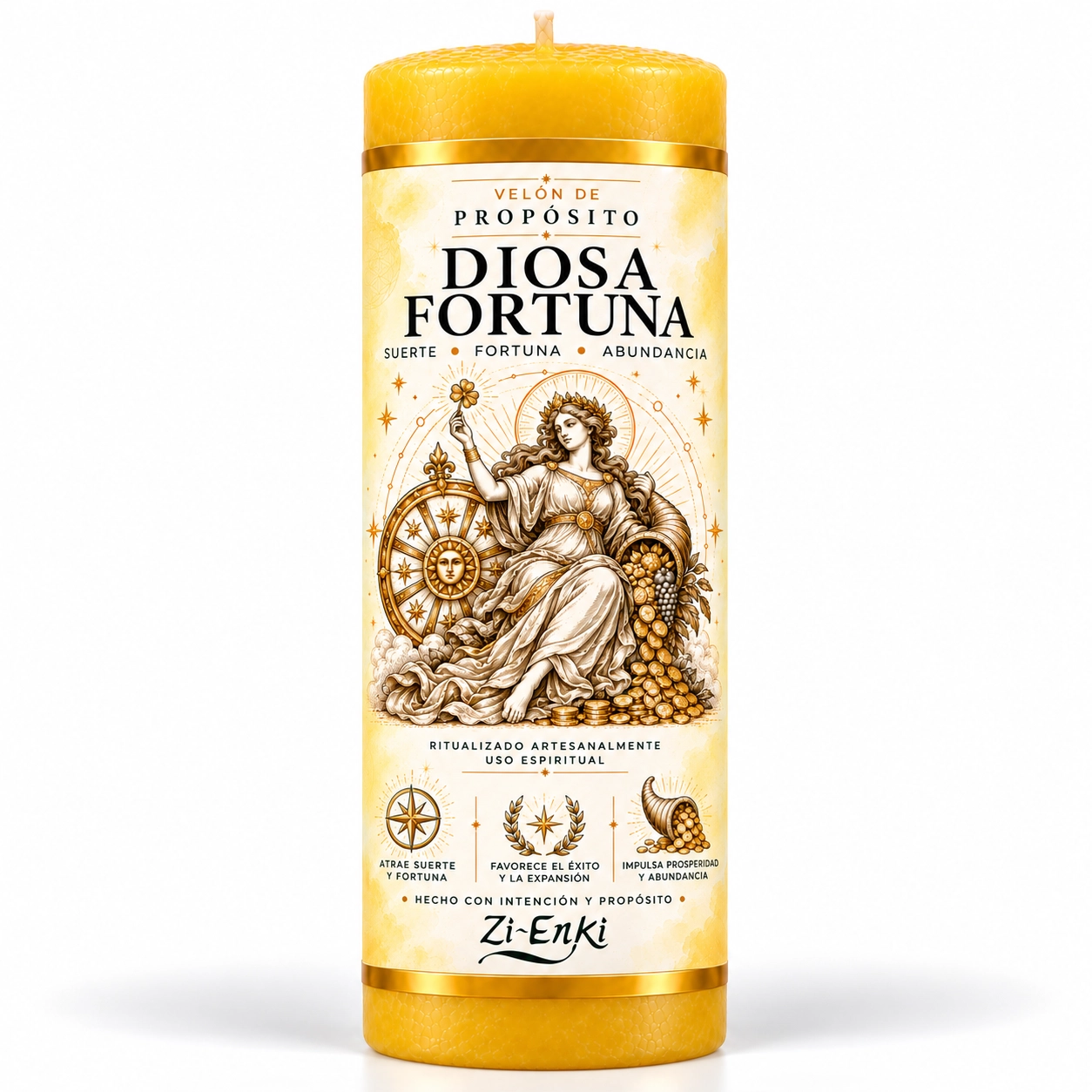 Velón Diosa de la Fortuna de Zi-Enki con etiqueta ilustrada de diosa, rueda y cornucopia