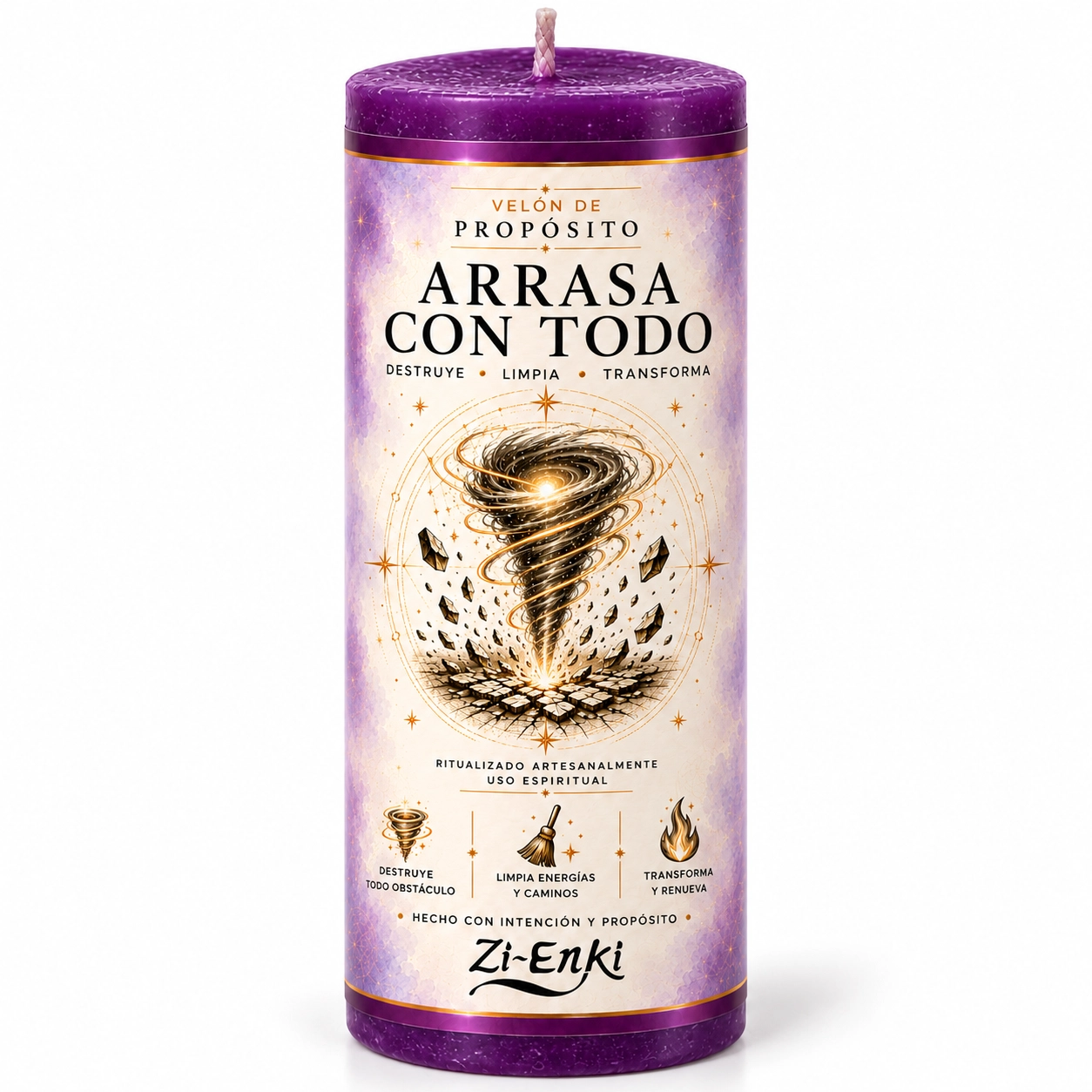 Velón morado Arrasa con Todo de Zi-Enki con etiqueta ilustrada de un tornado