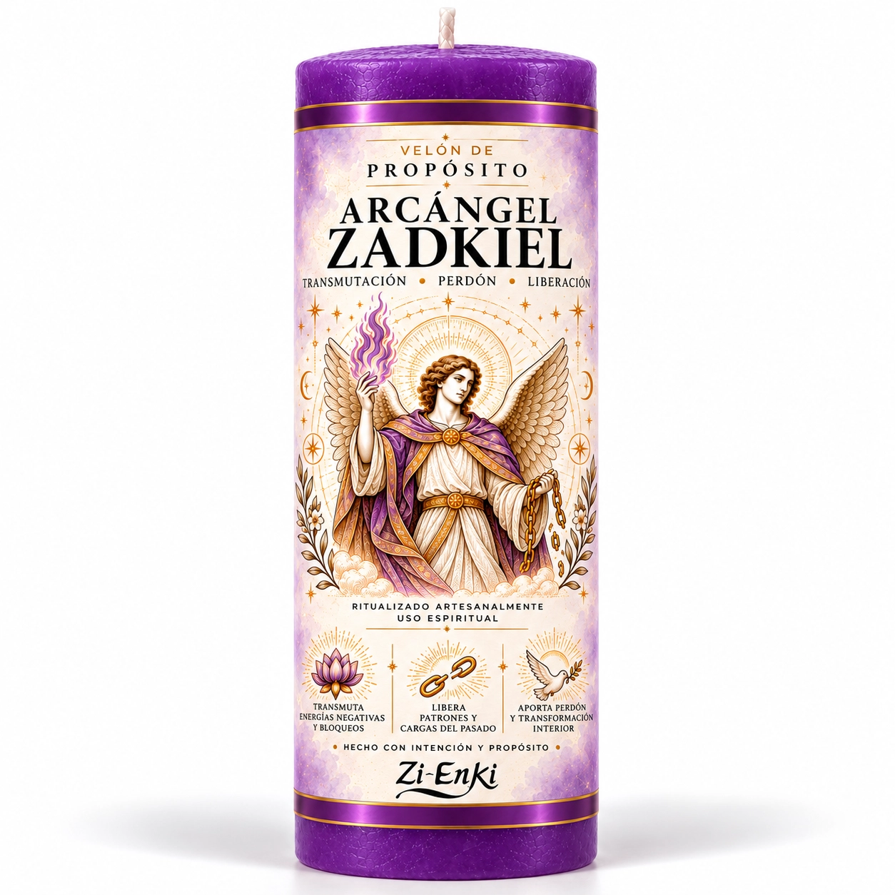 Velón Arcángel Zadkiel de Zi-Enki con etiqueta ilustrada del arcángel con llama y cadena rota