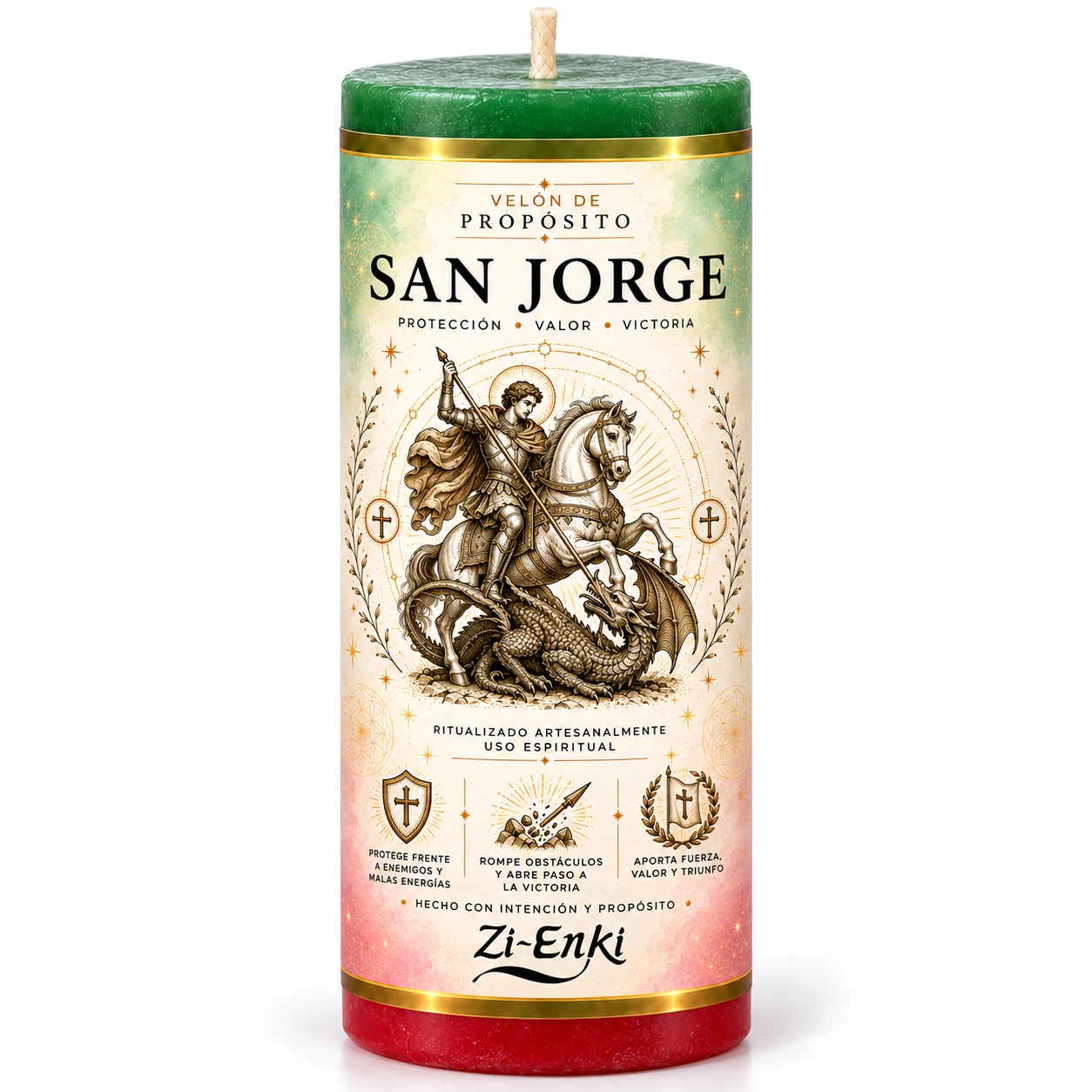 Velón de San Jorge de Zi-Enki con cera verde, blanca y roja y etiqueta ilustrada