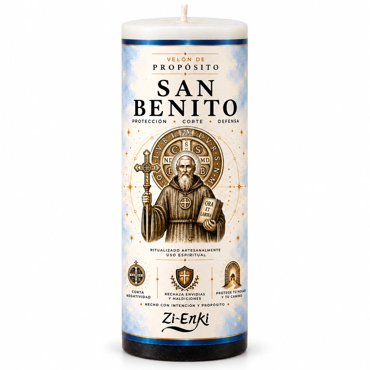 Velón de San Benito blanco y negro con etiqueta ilustrada de Zi-Enki.