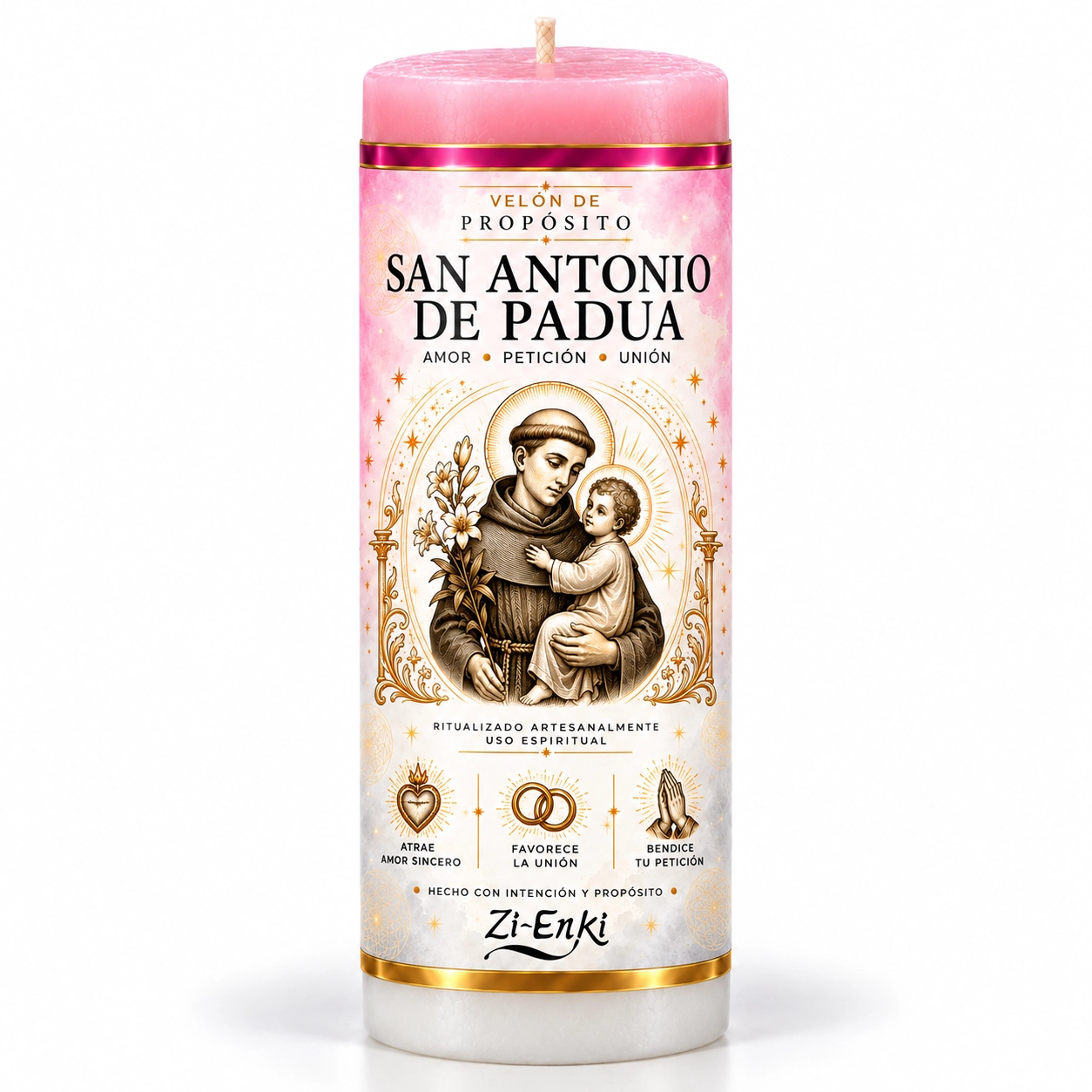 Velón San Antonio de Padua de Zi-Enki con su etiqueta original del santo con el Niño Jesús y lirios