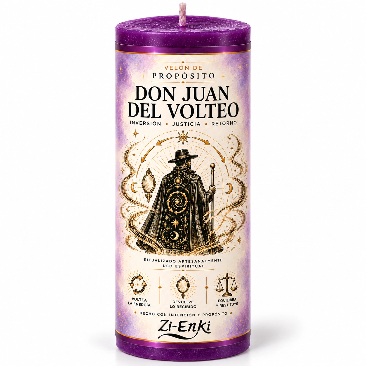 Velón morado Don Juan del Volteo de Zi-Enki con etiqueta ilustrada