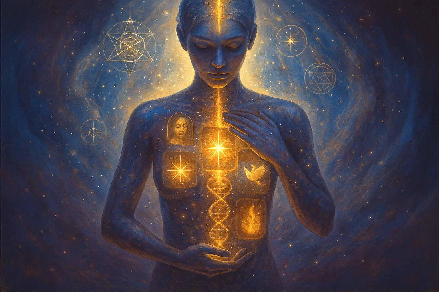 Figura luminosa con símbolos dentro del pecho representando memorias celulares