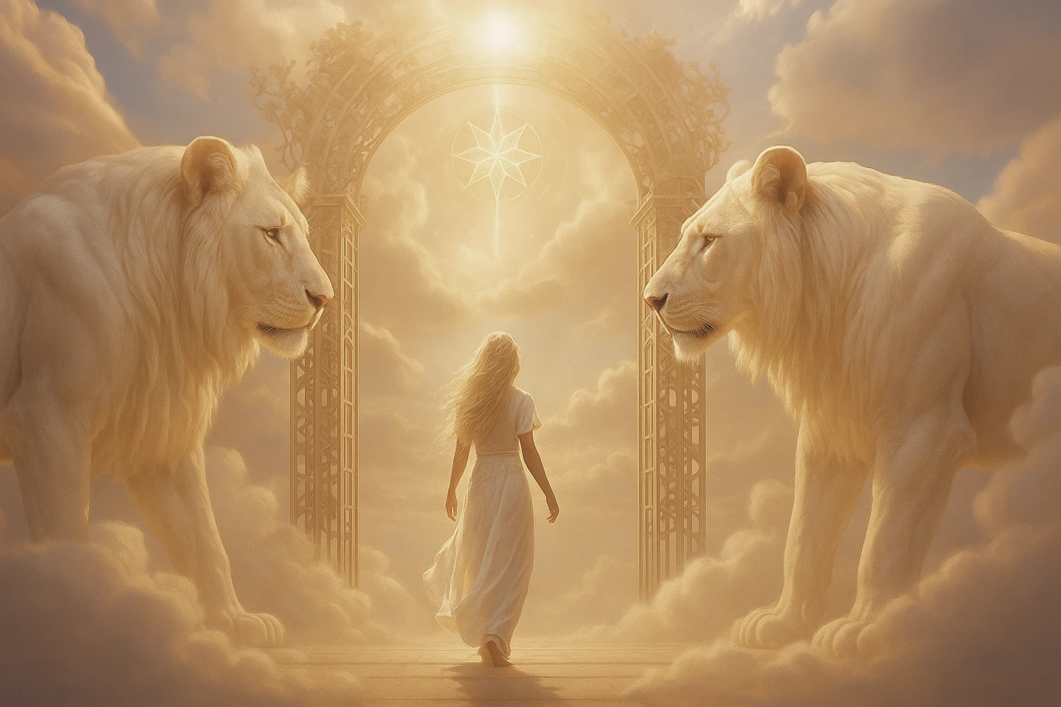 Mujer vestida de blanco camina entre dos leones hacia un portal de luz dorada