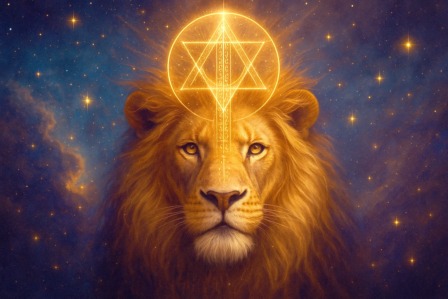 Rostro de león con símbolo dorado de geometría sagrada y fondo cósmico