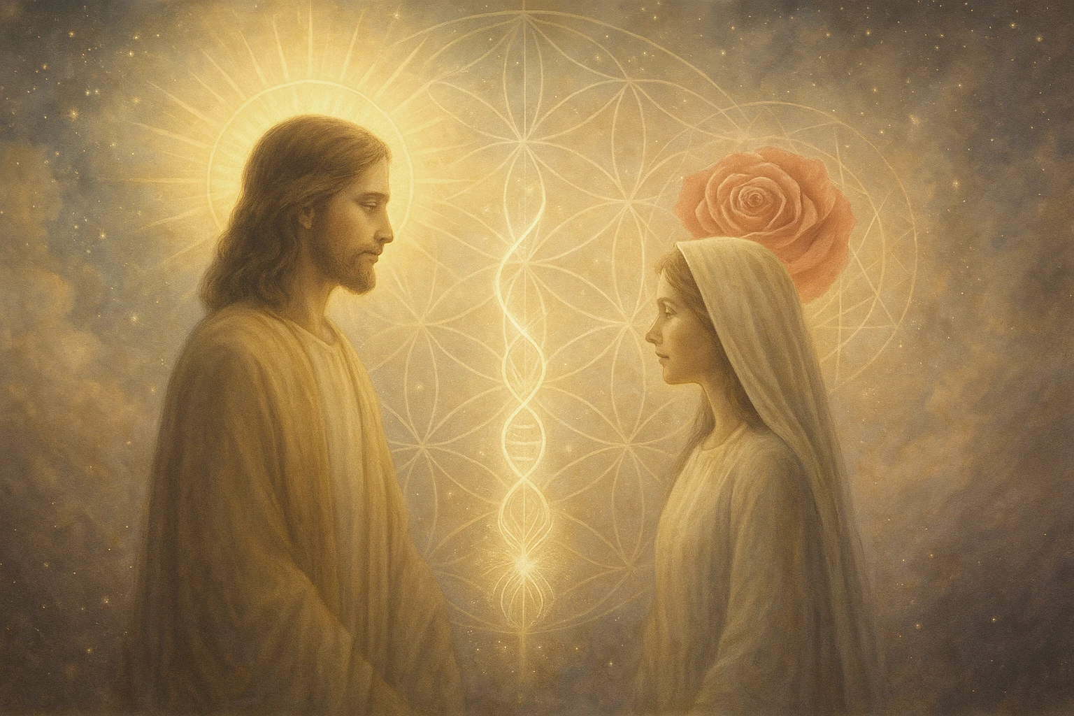 Yeshua y María Magdalena frente a frente con geometría sagrada y luz entre ambos