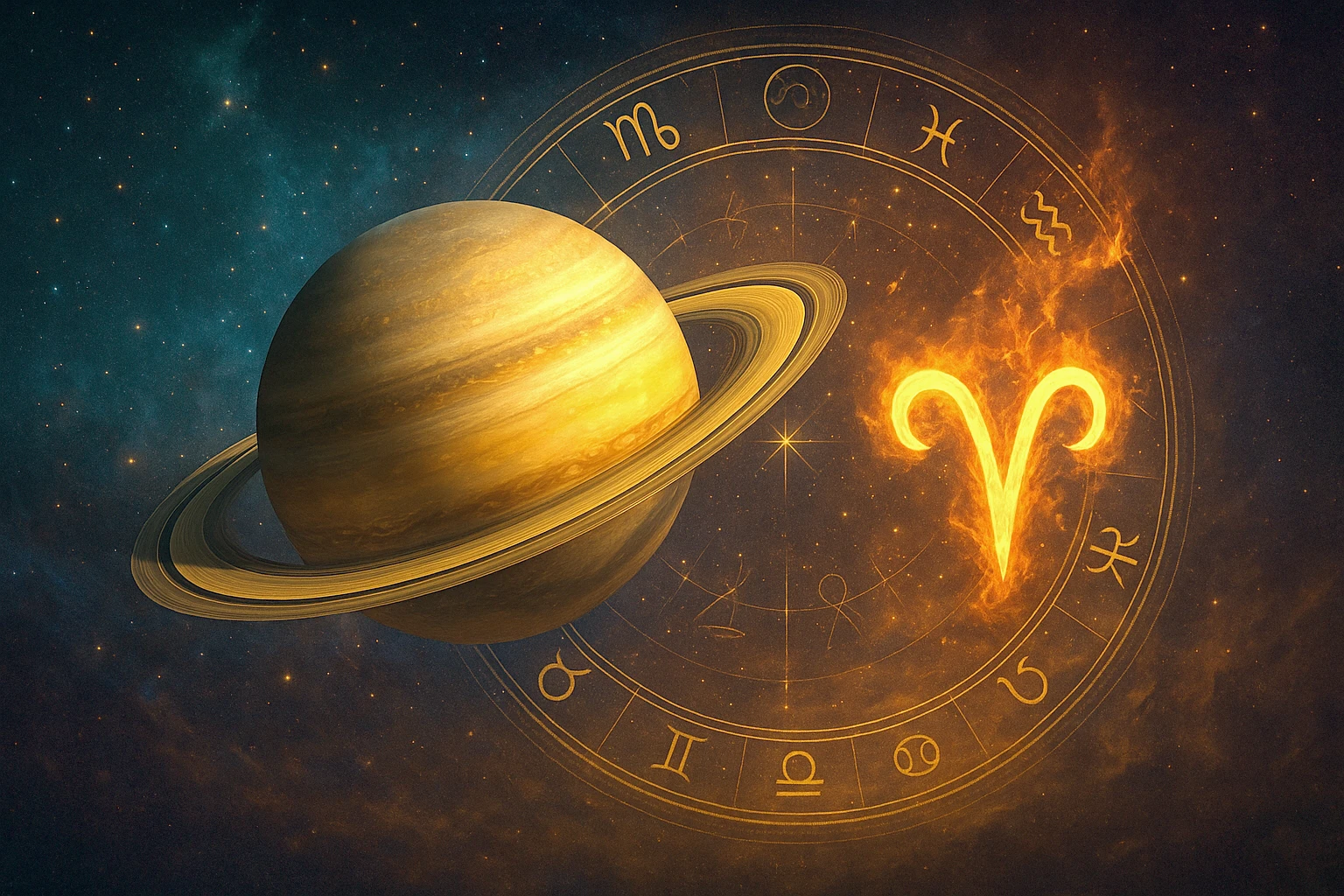 Planeta Saturno con sus anillos junto al símbolo de Aries en fuego cósmico