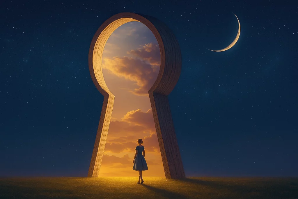 Gran llave cósmica iluminada que abre un portal estelar con un horizonte dorado