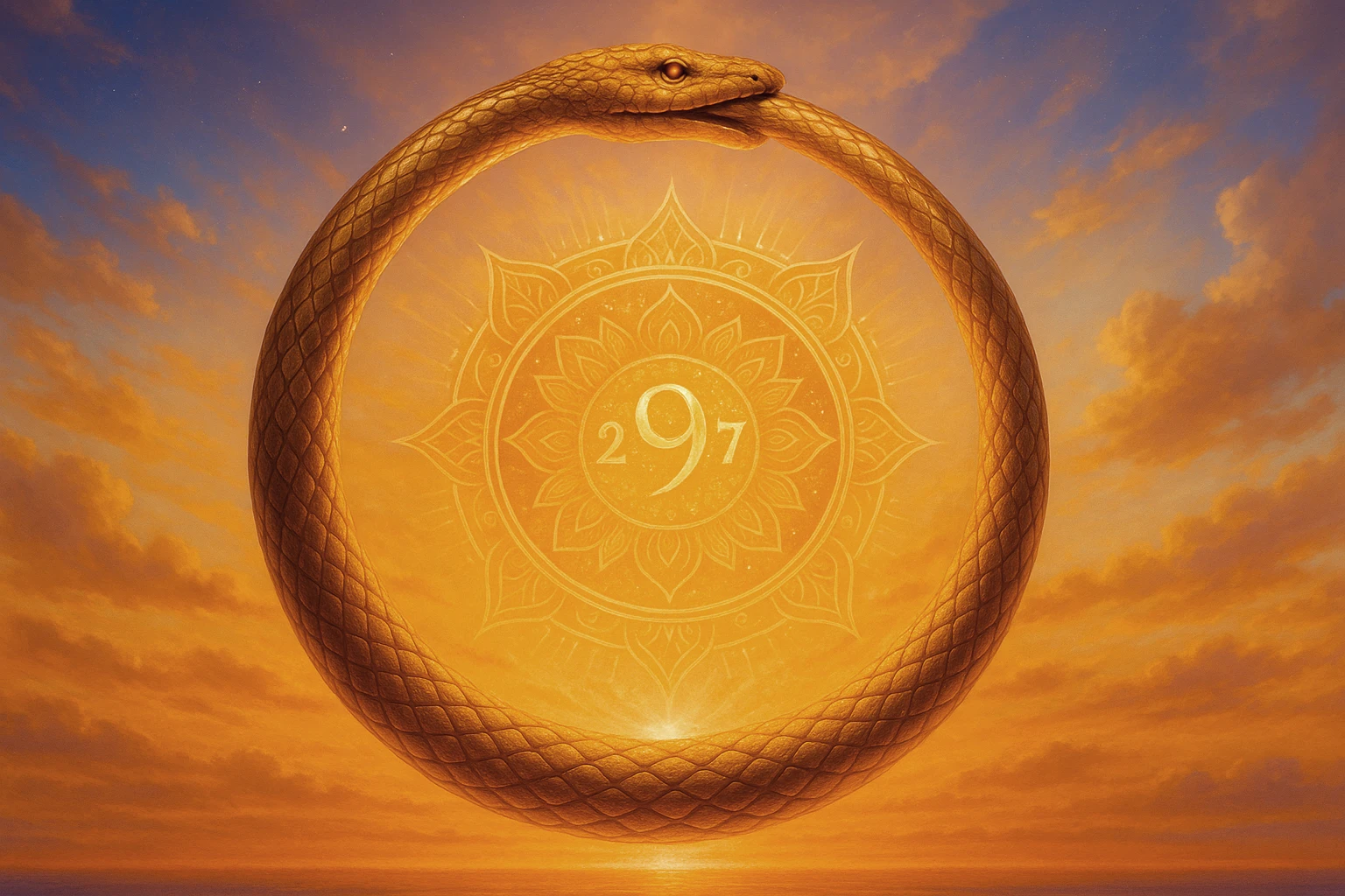 Uroboros dorado rodeando un mandala con los números 27 y 9 iluminados al amanecer