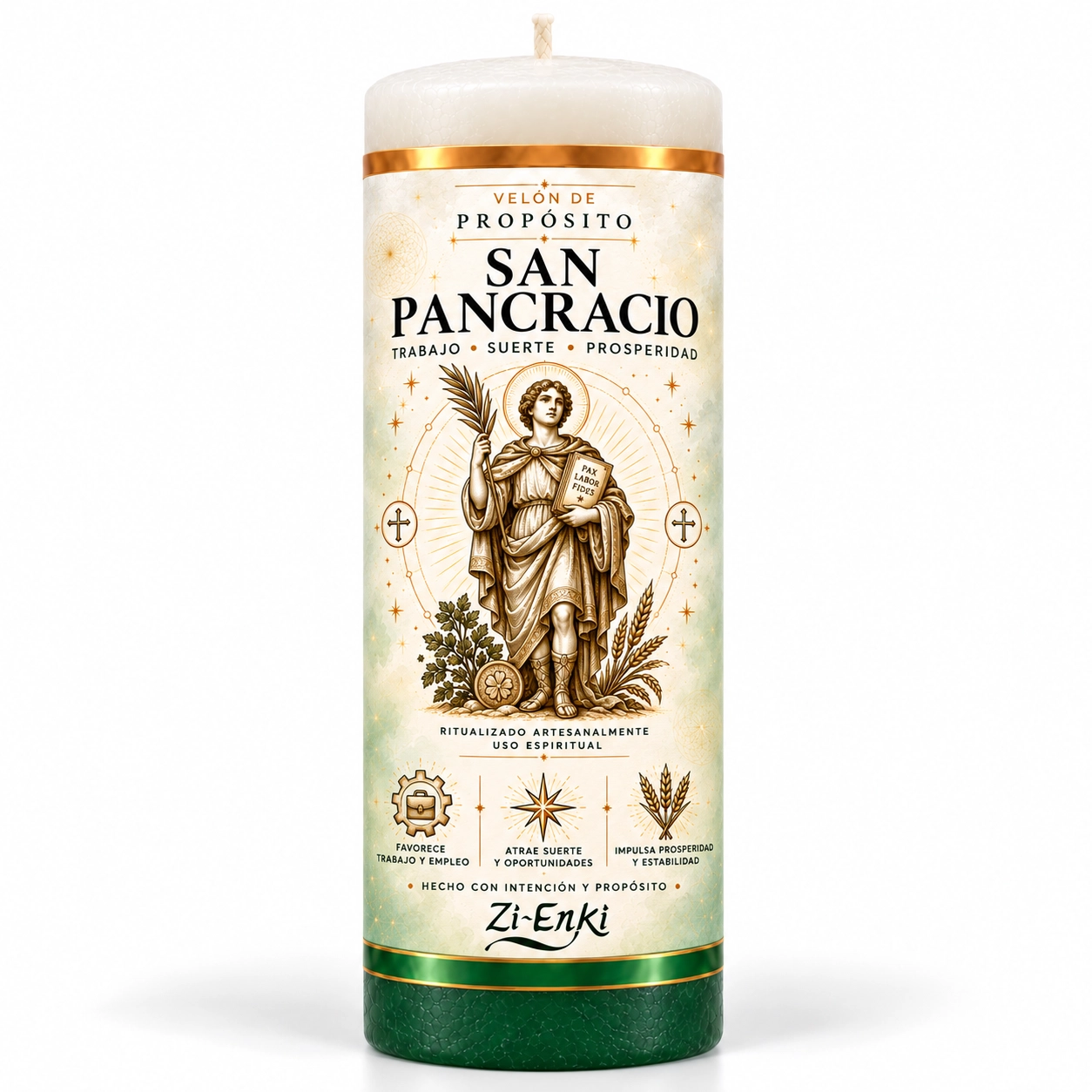 Velón San Pancracio de Zi-Enki con etiqueta ilustrada del santo con palma y libro