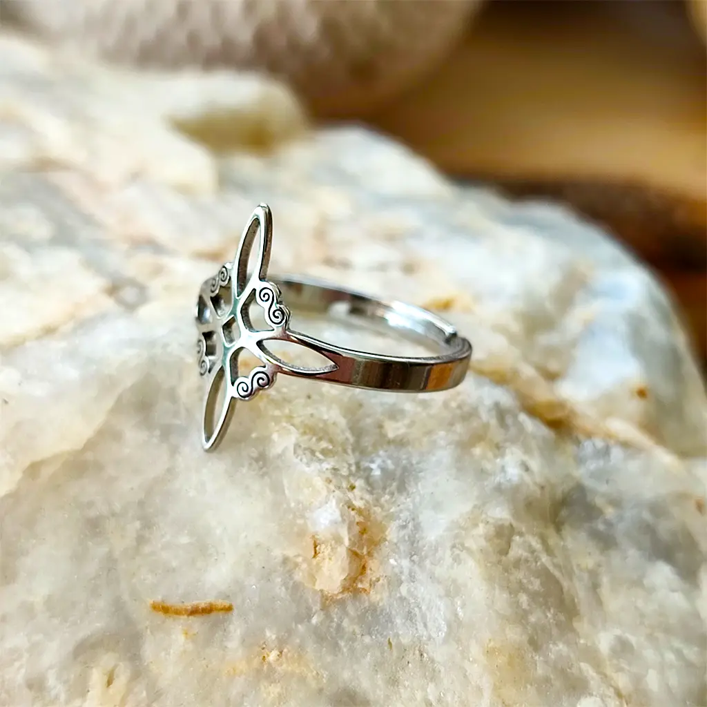Anillo de acero inoxidable diseño B con símbolo Nudo de Bruja sobre piedra
