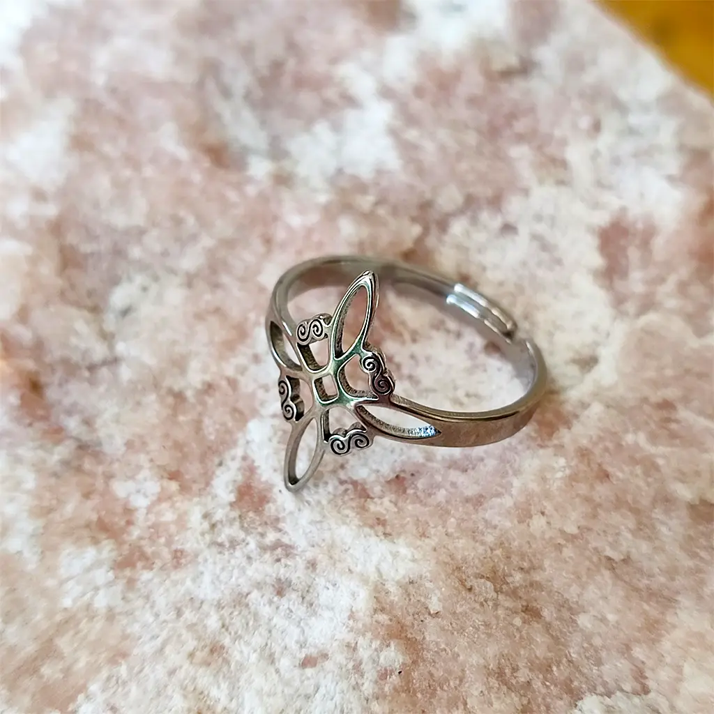 Anillo de acero inoxidable diseño B con símbolo Nudo de Bruja sobre piedra