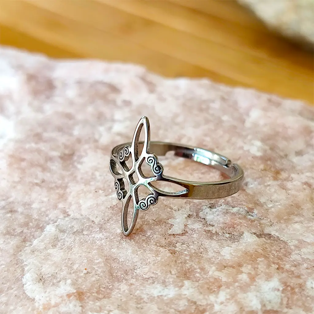 Anillo de acero inoxidable diseño B con símbolo Nudo de Bruja sobre piedra