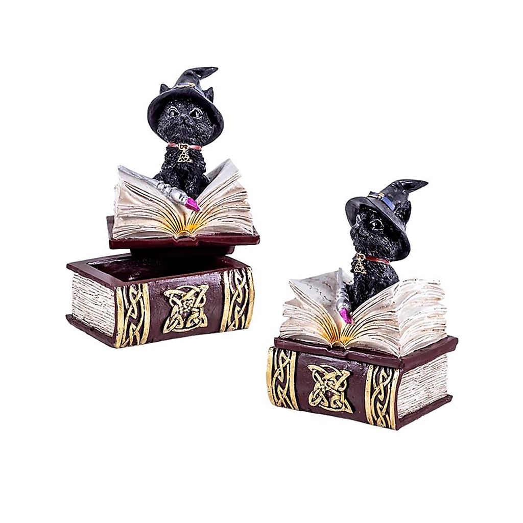 Figura decorativa de gato con sombrero de brujo escribiendo en libro mágico