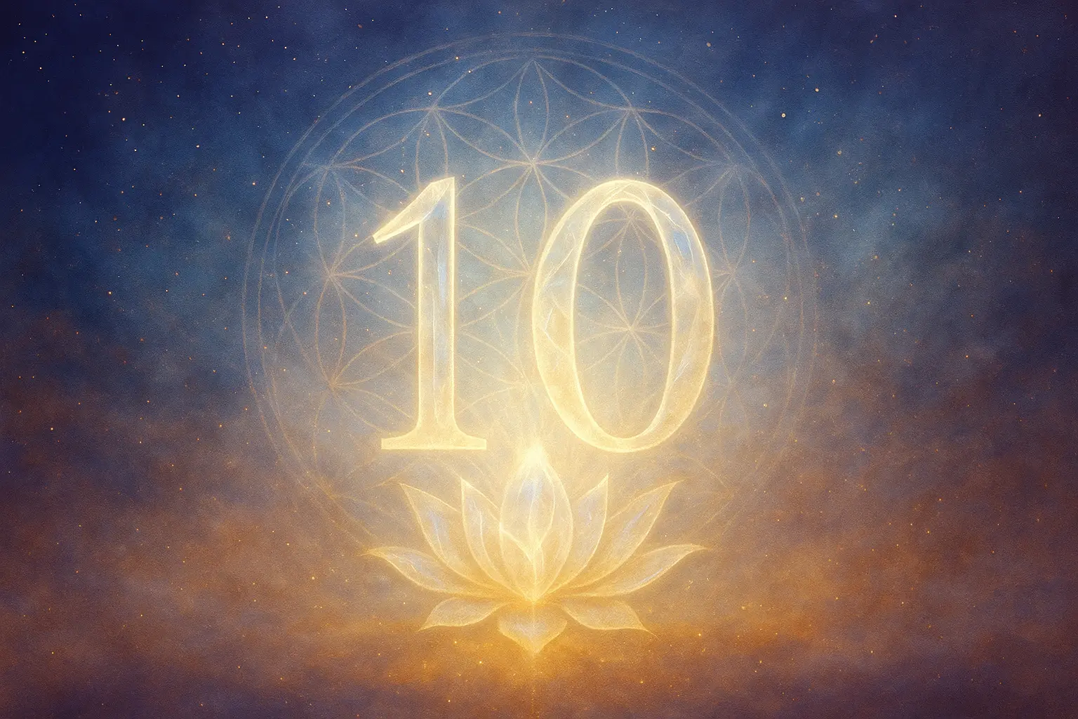 Portal 10/10 con número 10 dorado, flor de loto y geometría sagrada