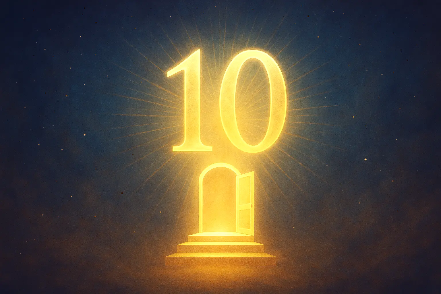 Puerta dorada abierta bajo el número 10, símbolo de nuevo ciclo y apertura energética