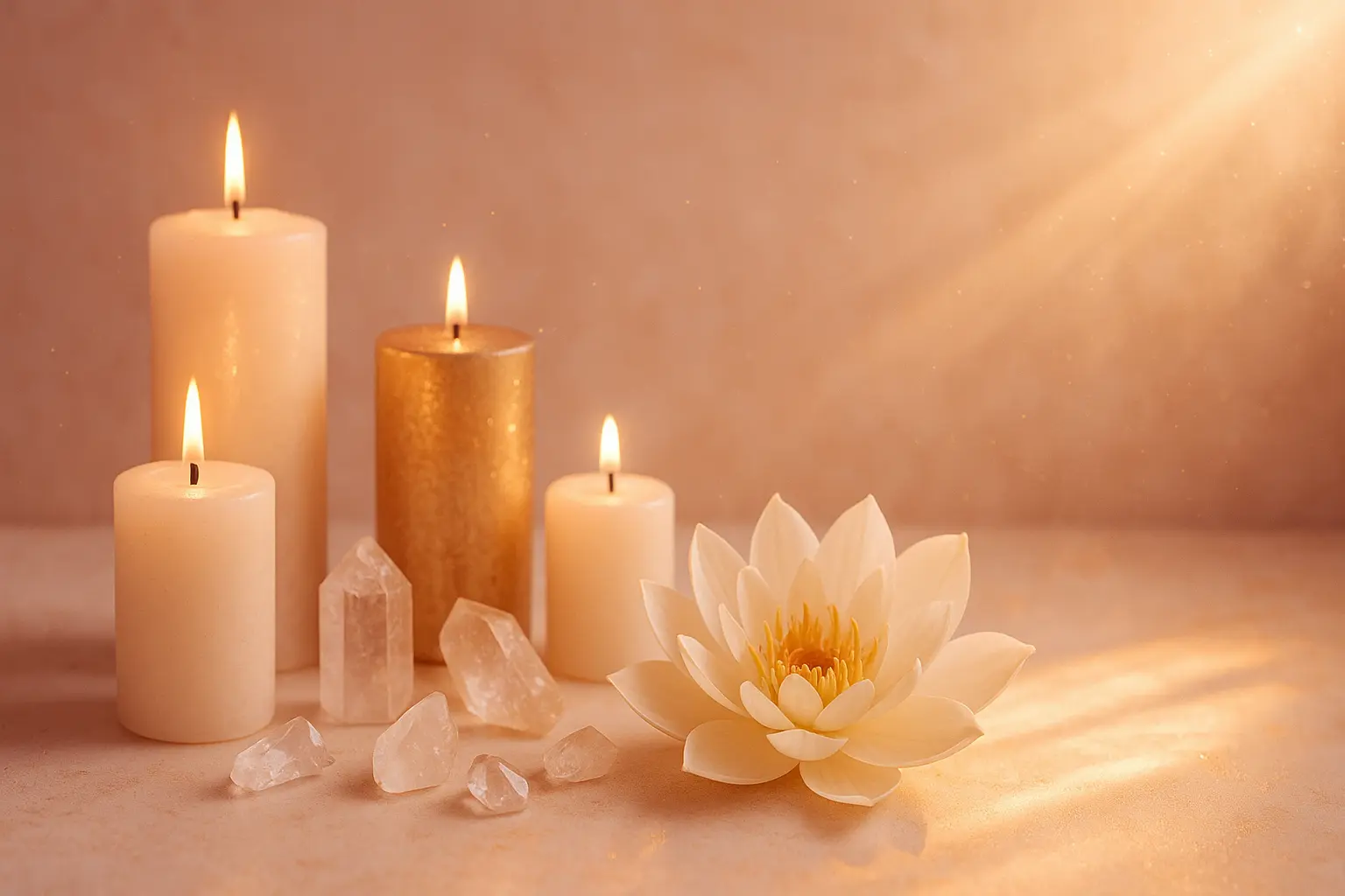Altar con velas blancas y doradas, cuarzos y flor blanca para ritual 10/10