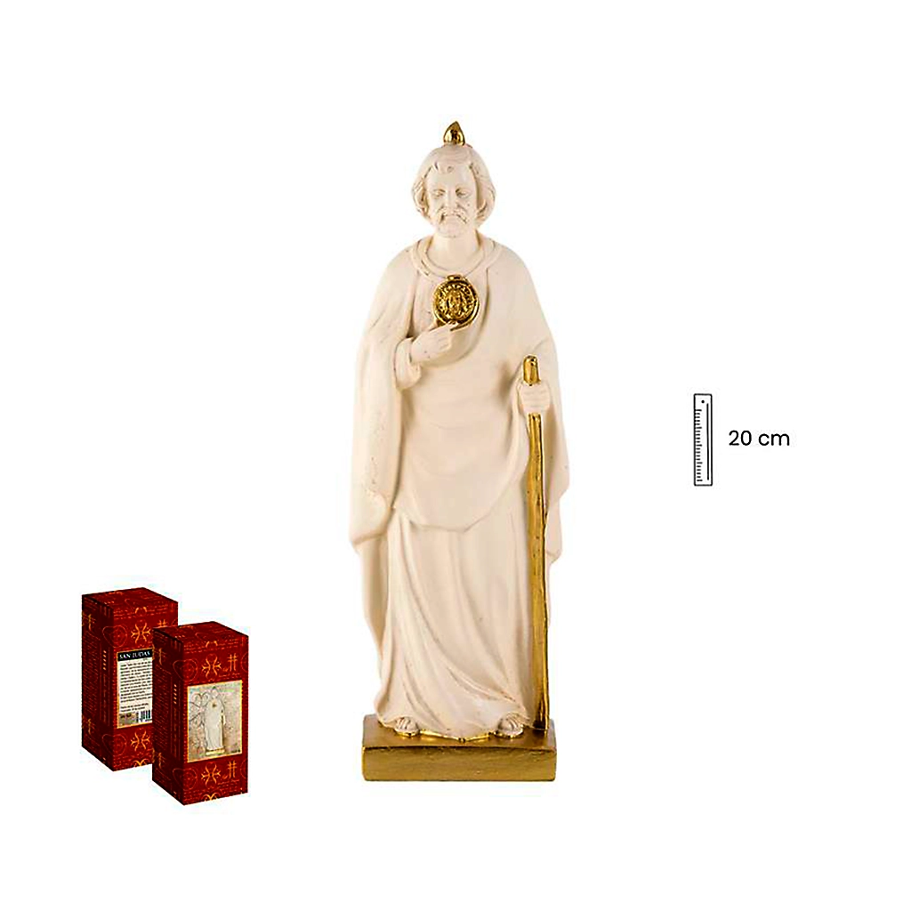 Figura de San Judas blanco y dorado de 20 cm con medallón y bastón