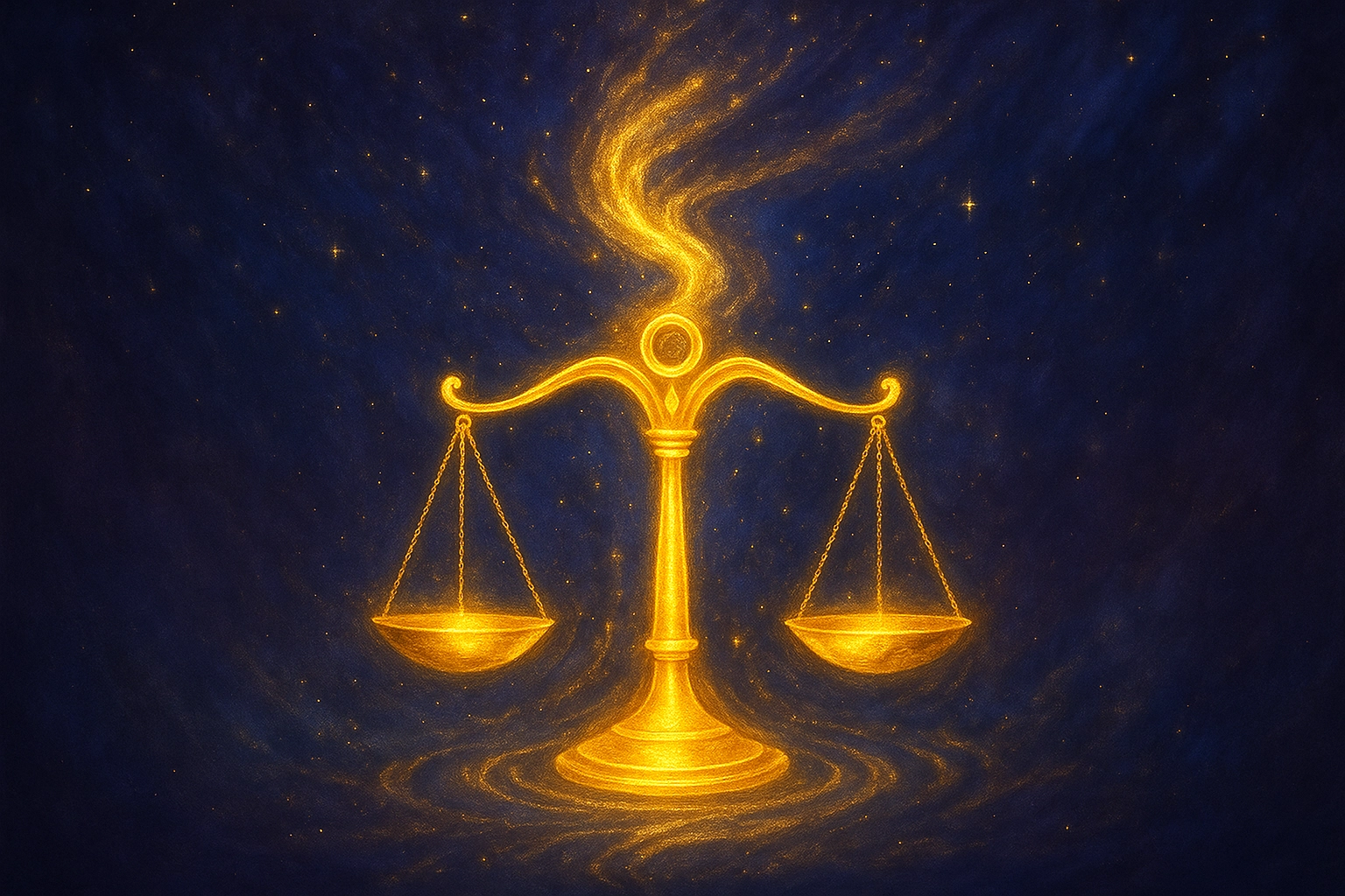 Balanza dorada en equilibrio cósmico representando la energía del Portal 11:11 en 2025.