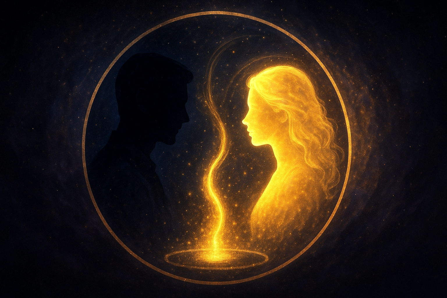 Dos siluetas enfrentadas, una dorada y otra oscura, unidas por energía de luz.