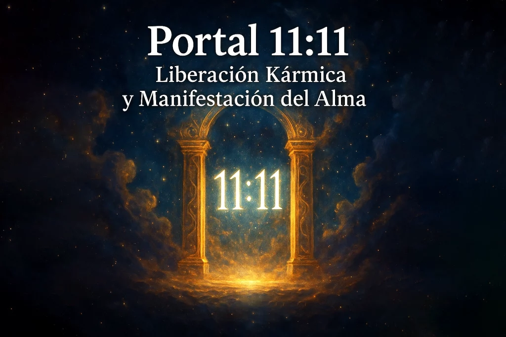Portal 11:11 con columnas de luz dorada, símbolo de liberación kármica y manifestación espiritual