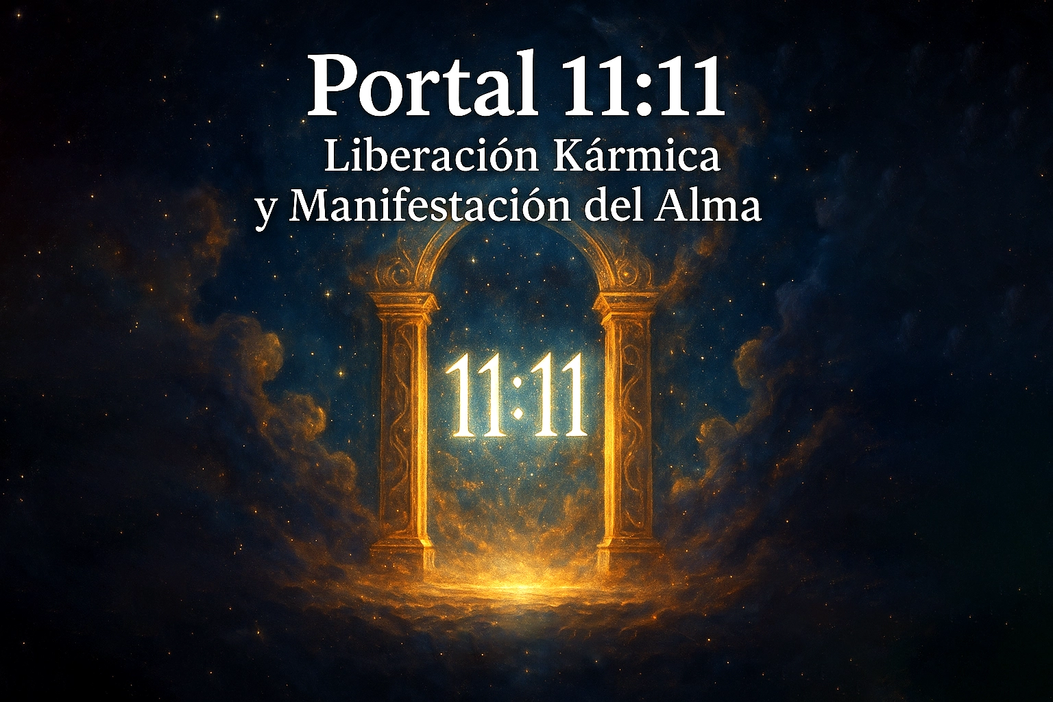 Portal 11:11 con columnas de luz dorada, símbolo de liberación kármica y manifestación espiritual