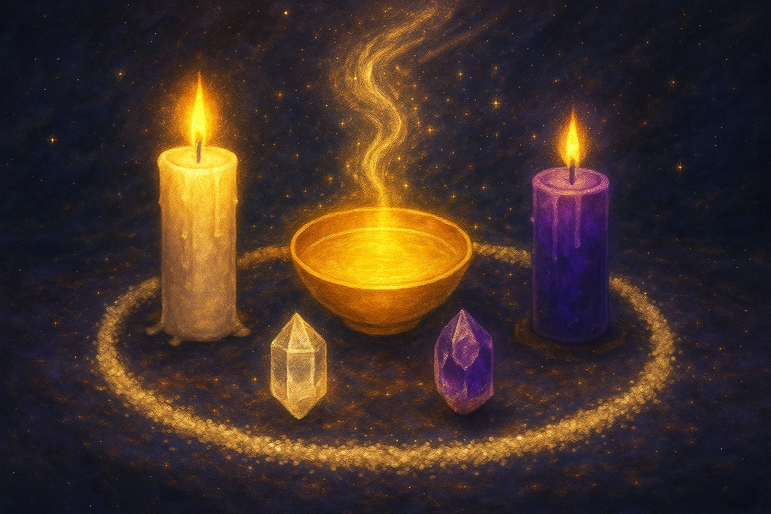 Altar místico con velas blanca y violeta, cuarzos, cuenco de agua y círculo de sal.