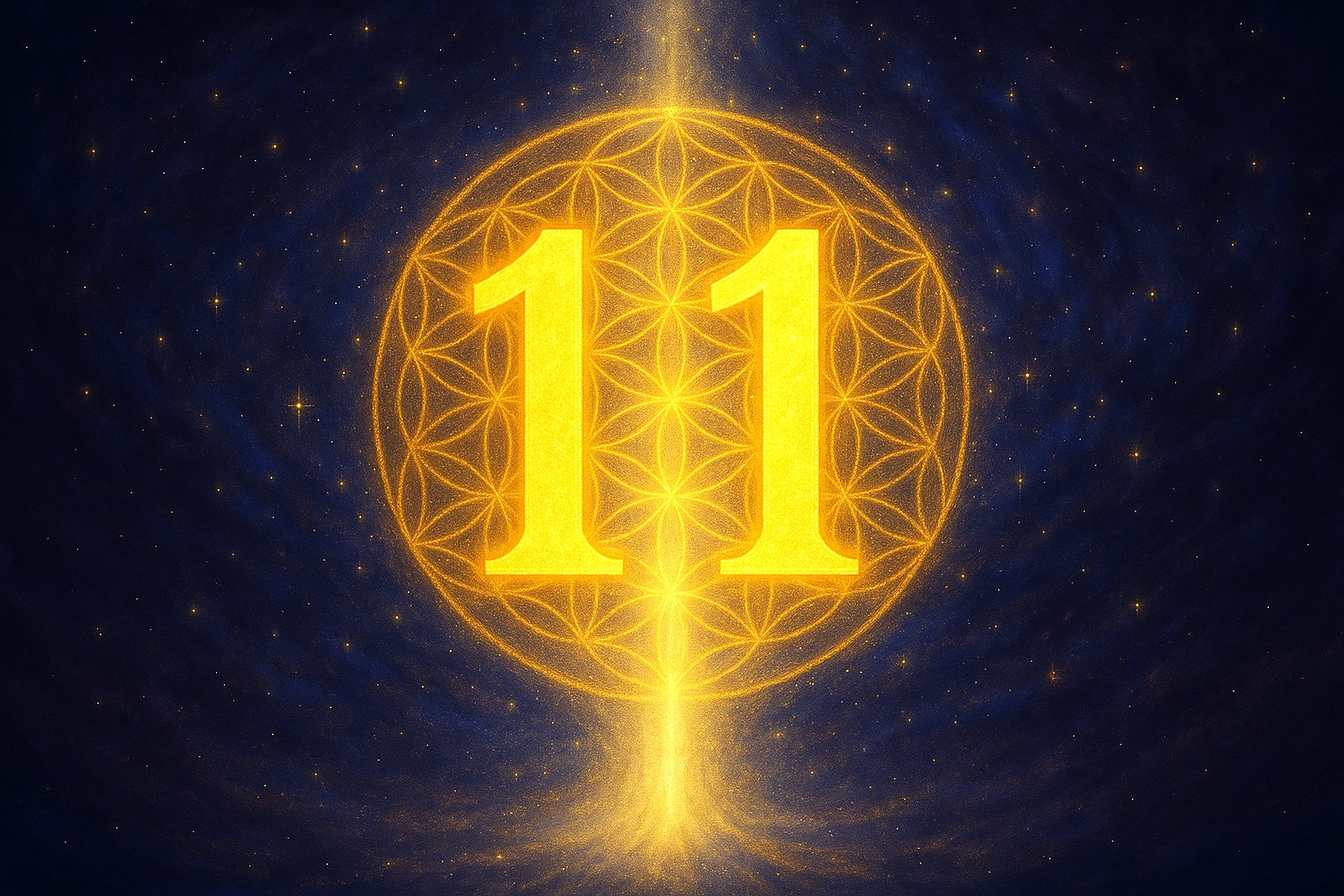 Número 11 dorado sobre fondo cósmico violeta y azul con mandala de geometría sagrada y energía luminosa ascendente.