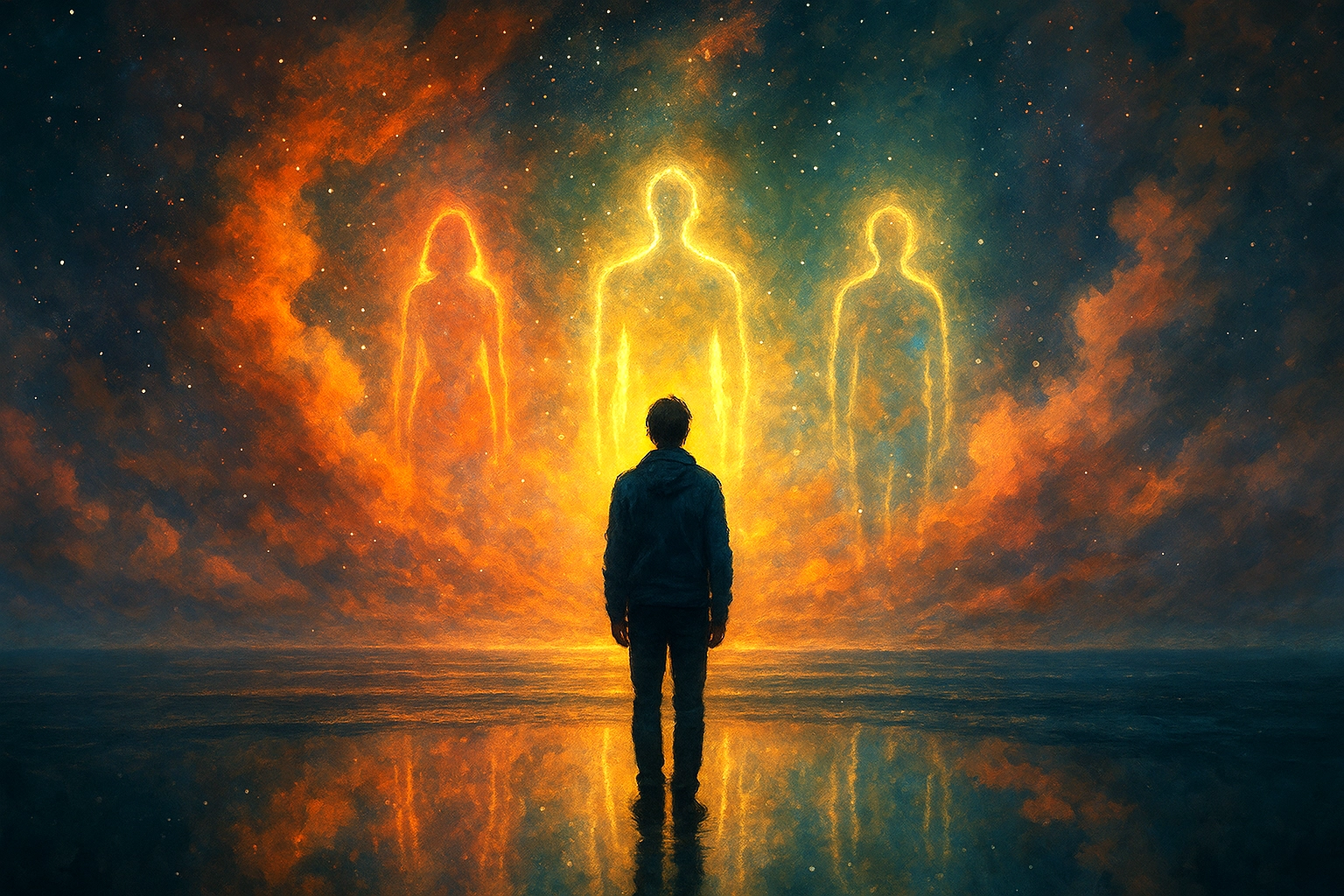 Figura frente a tres siluetas luminosas que simbolizan los diferentes tipos de karma.