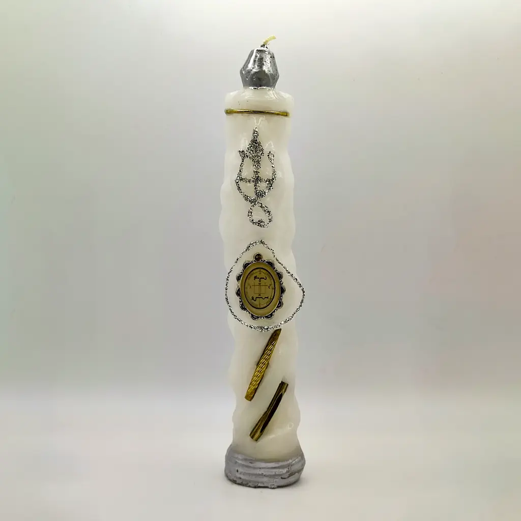 vela arcangel gabriel blanca con sello dorado