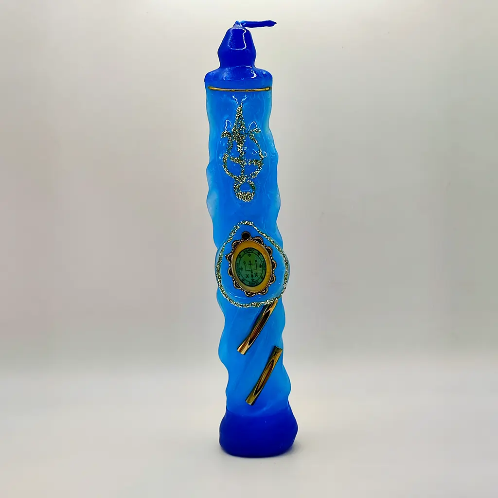 vela arcangel rafael azul con sello verde de sanacion