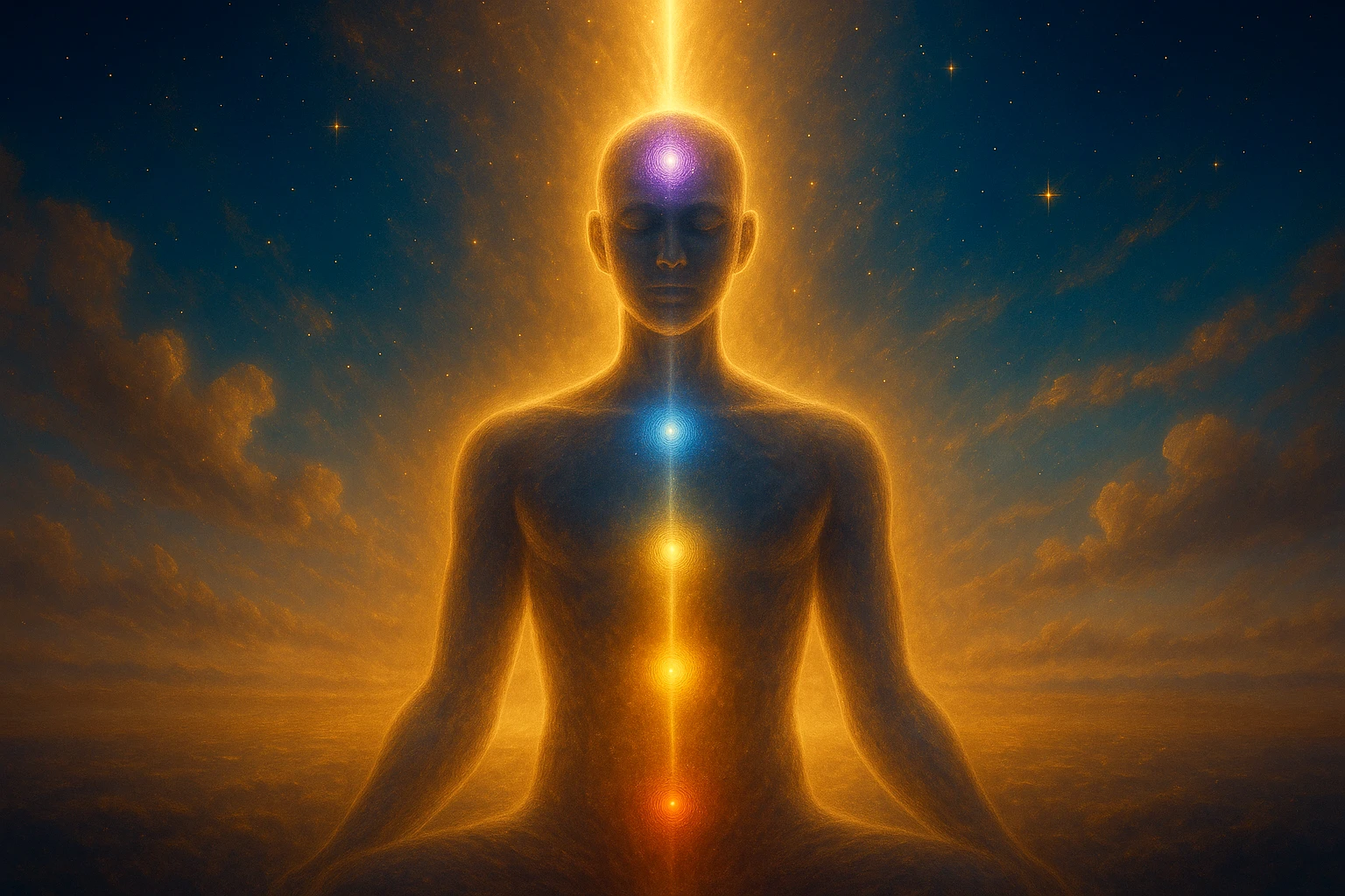 Figura luminosa con chakras activados y haz de luz ascendente en un cielo estrellado