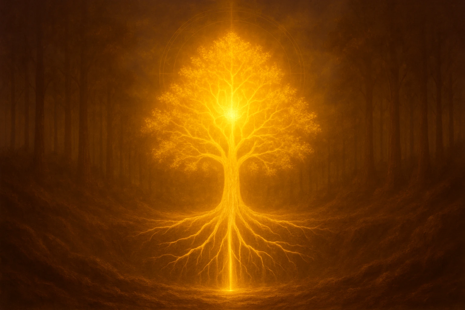 Árbol dorado luminoso con raíces brillantes dentro de un bosque místico
