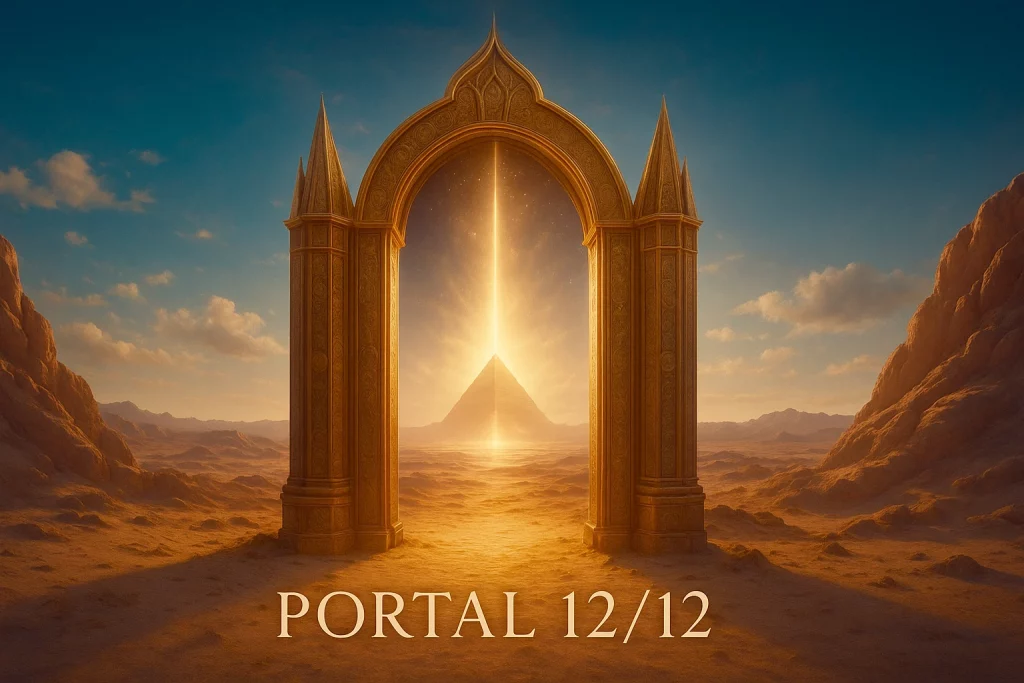 Portal sagrado dorado con pirámide luminosa y haz vertical de luz en el desierto