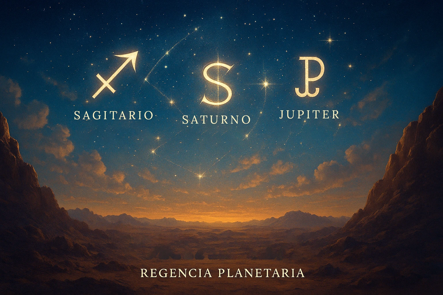 Símbolos dorados de Sagitario, Saturno y Júpiter sobre un cielo estrellado