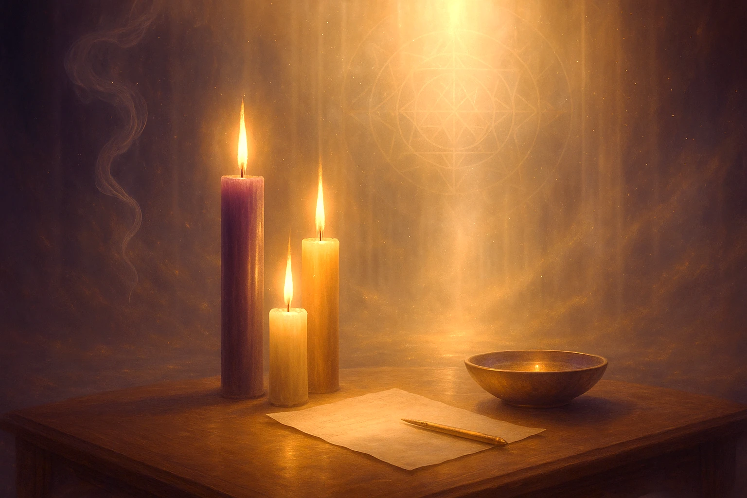 Altar con velas blanca, dorada y violeta, cuenco de agua e incienso iluminado por luz sagrada