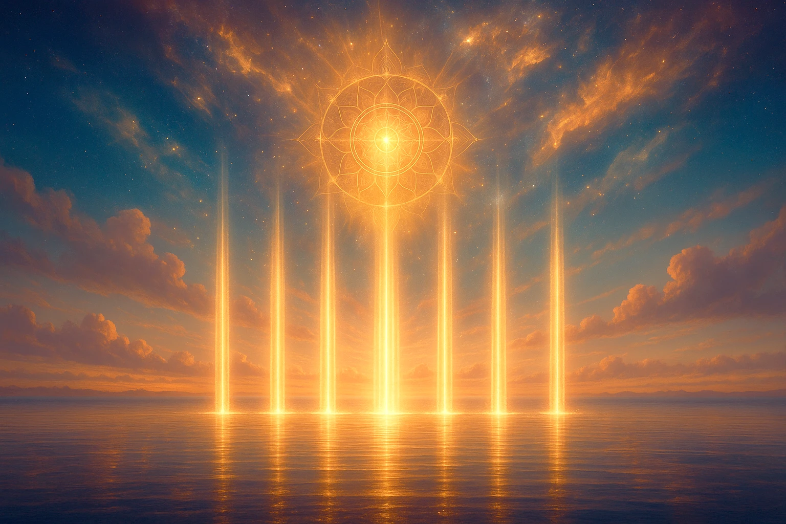 Siete columnas doradas de luz elevándose sobre un lago bajo un mandala solar
