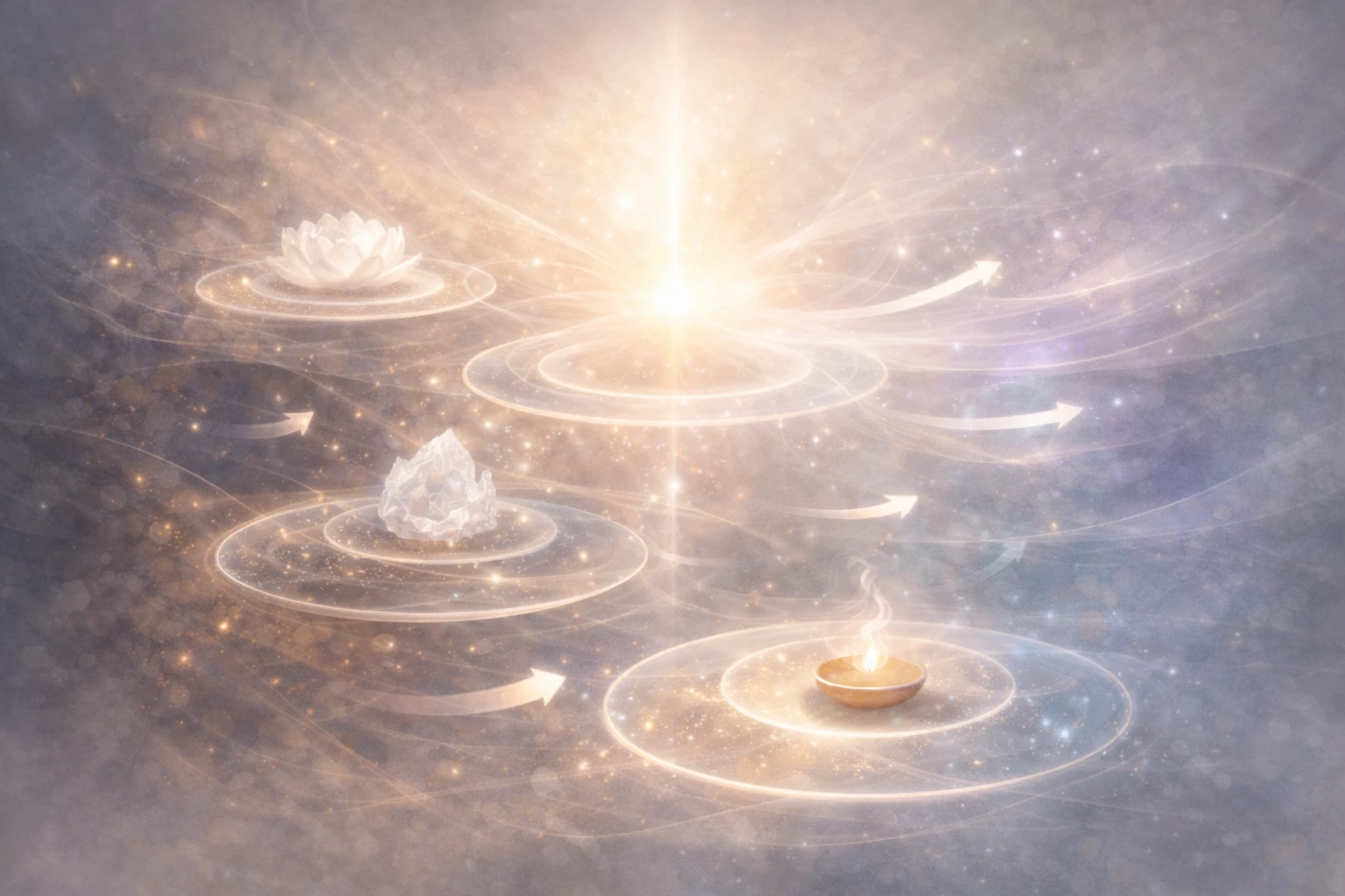 Representación simbólica de distintas herramientas energéticas utilizadas en procesos de limpieza consciente