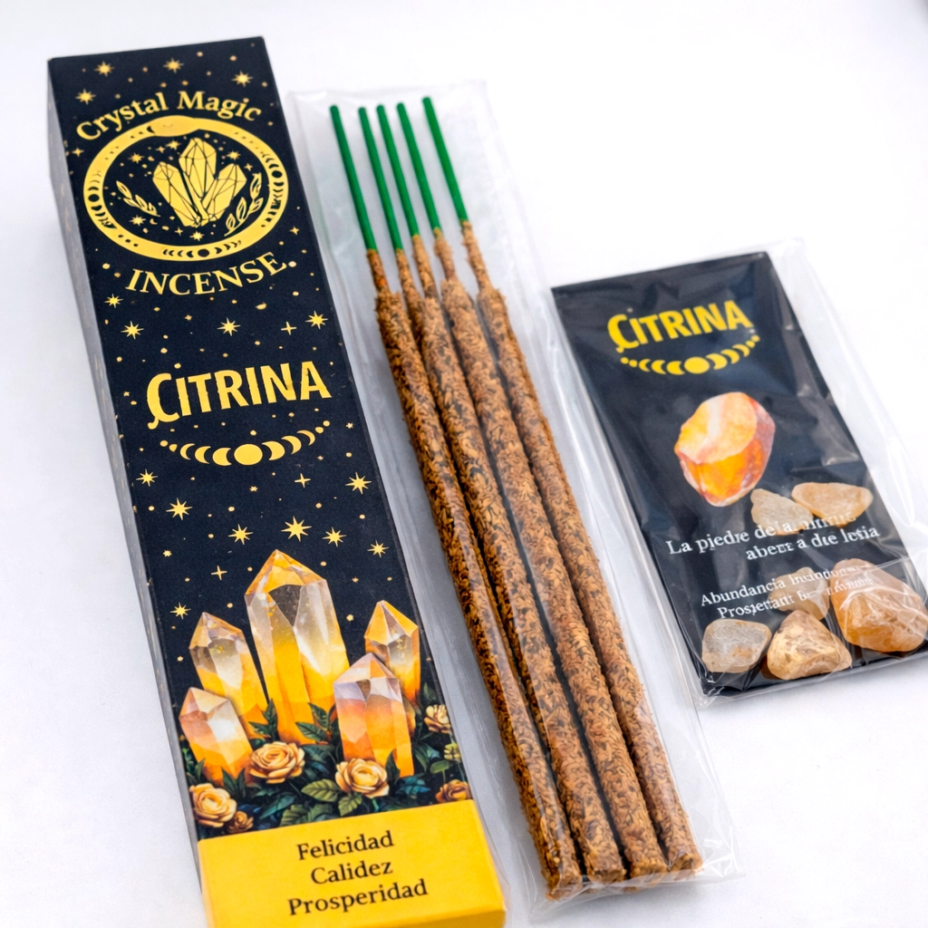 Incienso orgánico de Citrina Crystal Magic con varillas y minerales