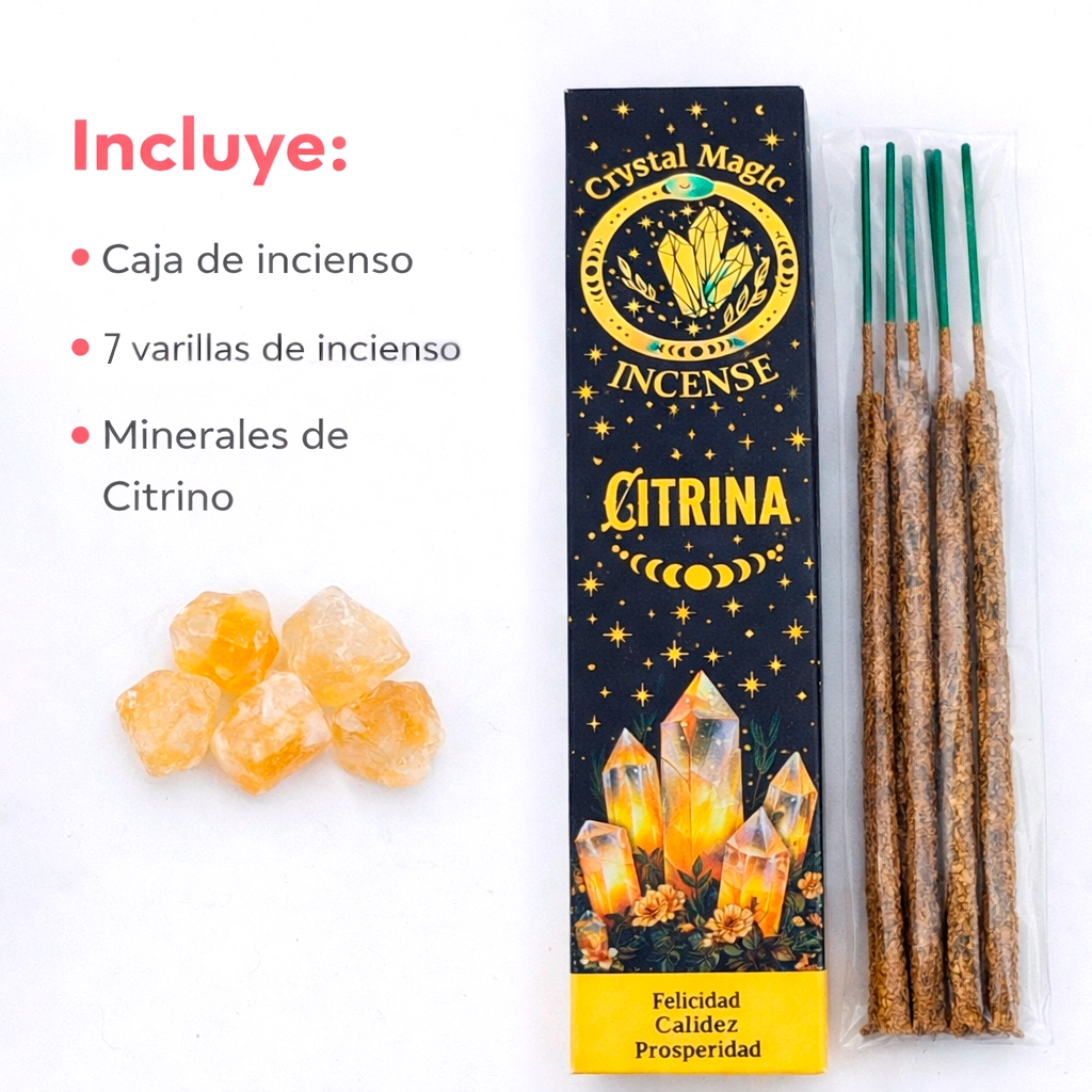 Incienso orgánico de Citrina Crystal Magic con varillas y minerales