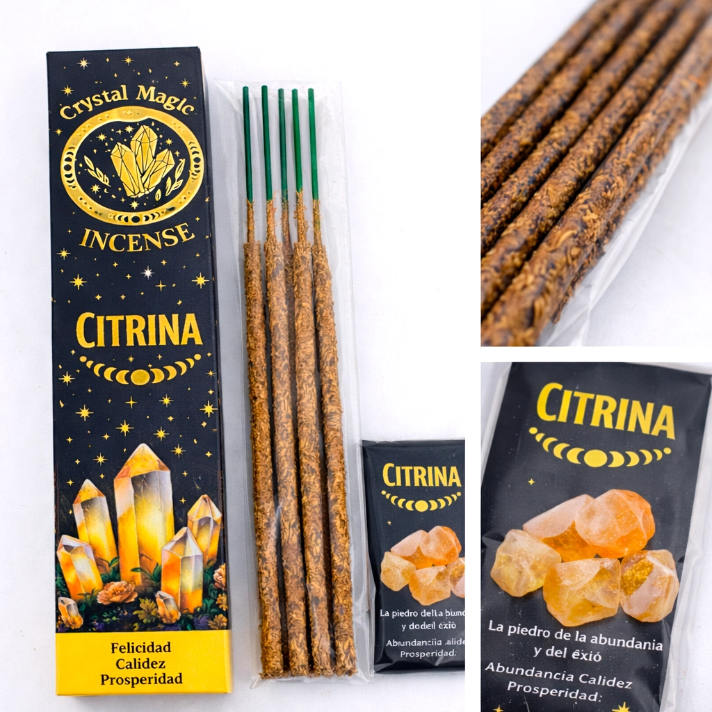 Incienso orgánico de Citrina Crystal Magic con varillas y minerales