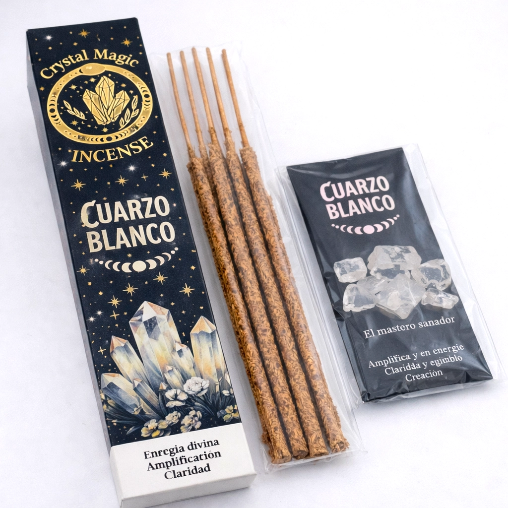 Incienso orgánico de Cuarzo Blanco Crystal Magic con varillas y minerales