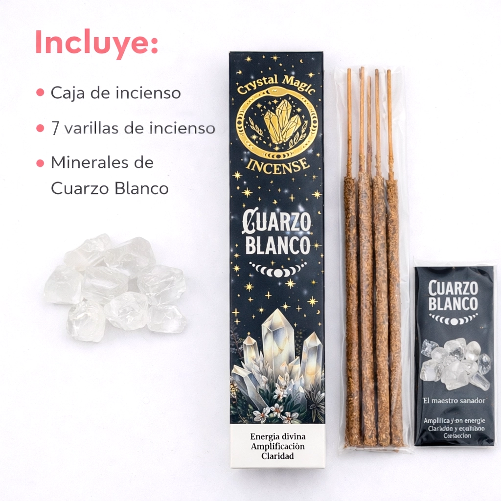 Incienso orgánico de Cuarzo Blanco Crystal Magic con varillas y minerales