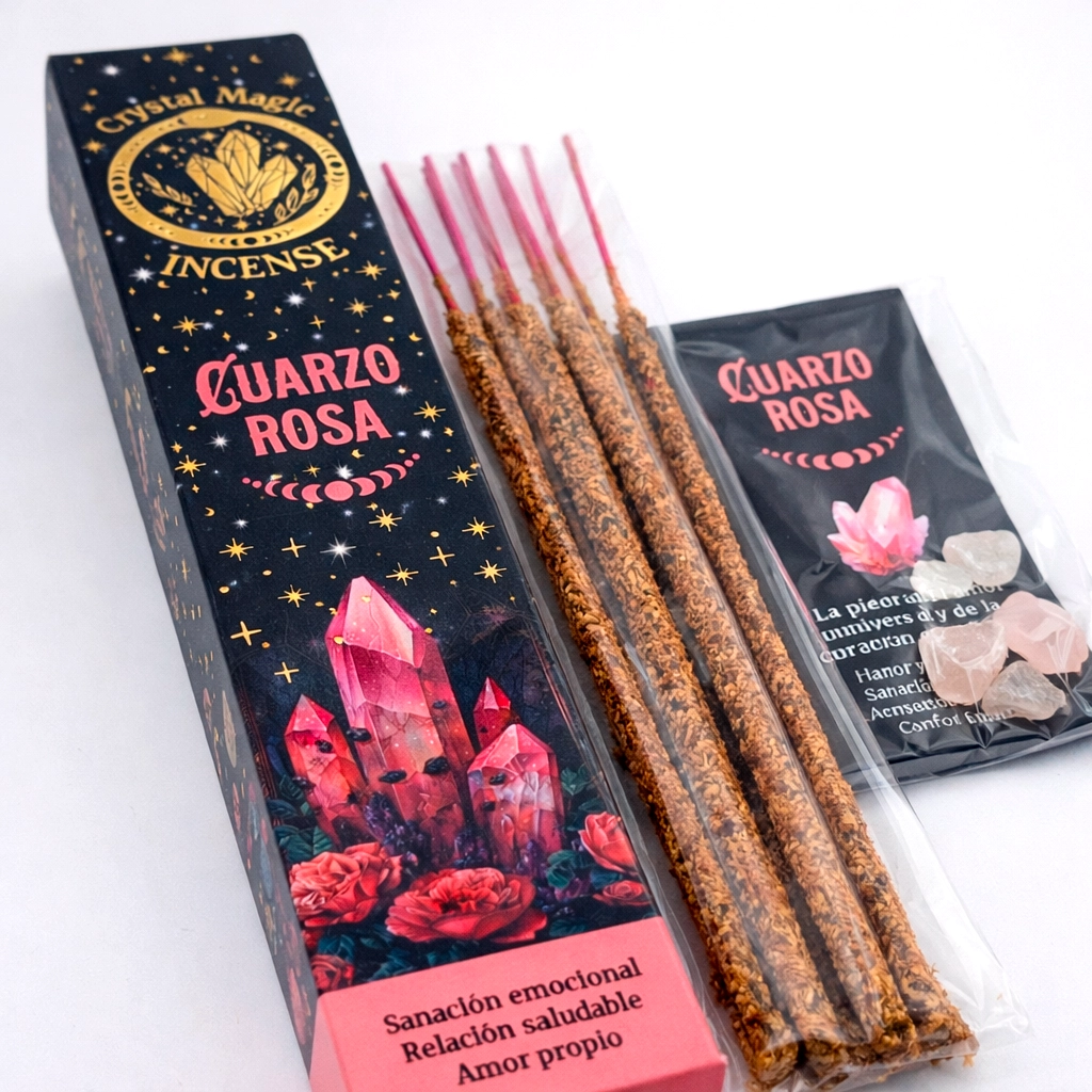Incienso orgánico de Cuarzo Rosa Crystal Magic con varillas y minerales