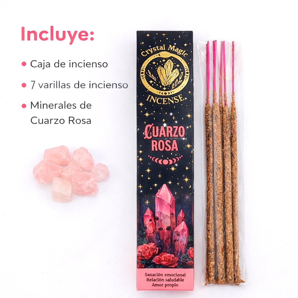 Incienso orgánico de Cuarzo Rosa Crystal Magic con varillas y minerales