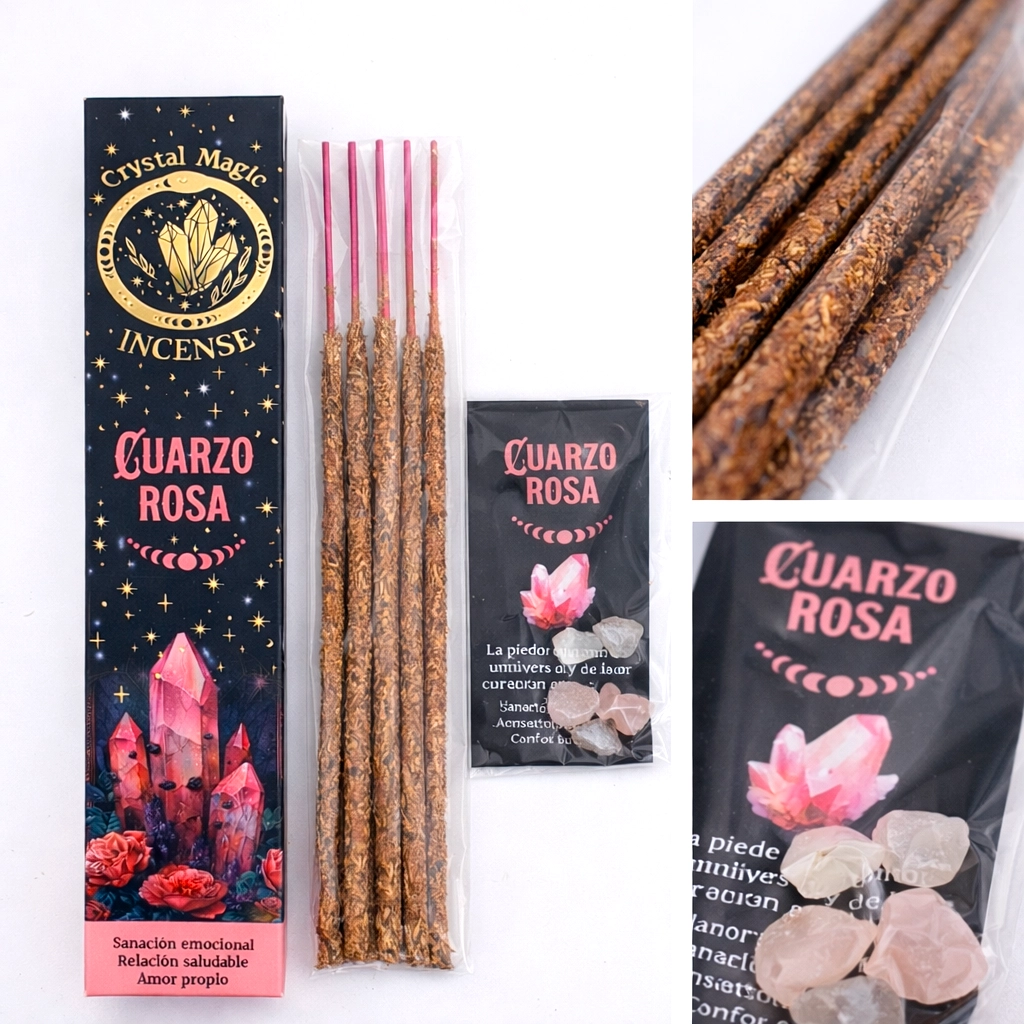 Incienso orgánico de Cuarzo Rosa Crystal Magic con varillas y minerales