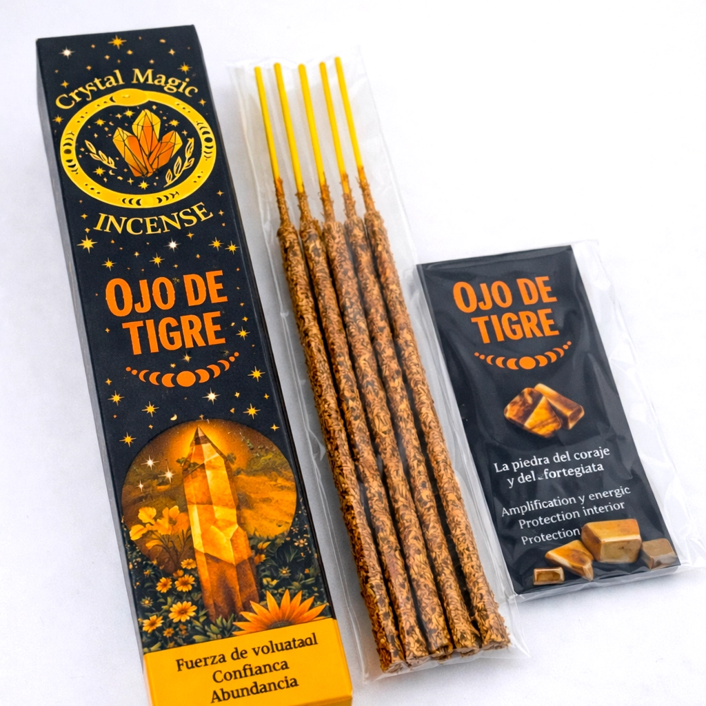 Incienso orgánico Ojo de Tigre Crystal Magic con varillas y mineral natural