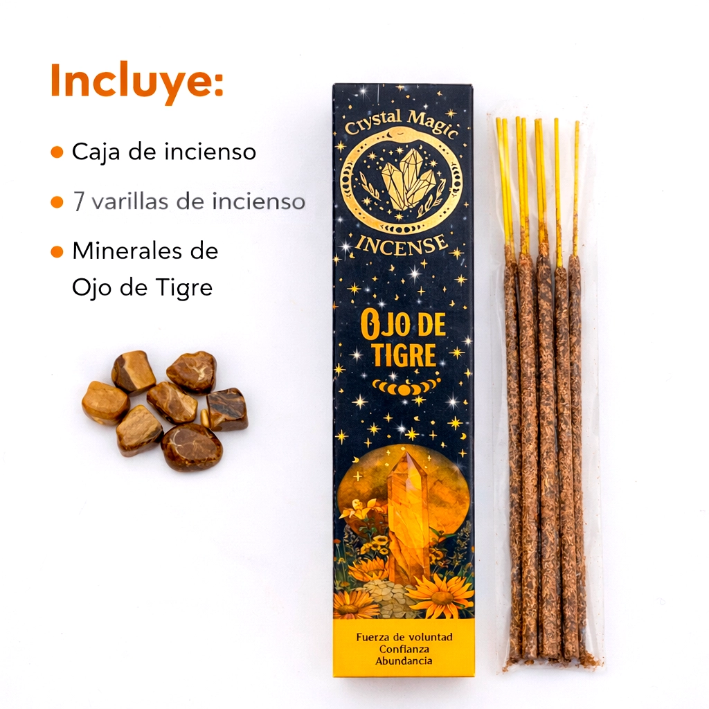 Incienso orgánico Ojo de Tigre Crystal Magic con varillas y mineral natural